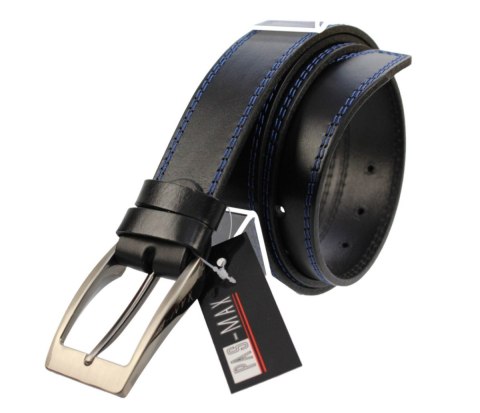 Pasek Męski Skórzany PAS-MAX (PL) Skóra Licowa EXTRA 40 mm Czarny Z Podwójną Niebieską Nitką Pasek Męski Skórzany PAS-MAX (PL) Skóra Licowa EXTRA 40 mm Czarny Z Podwójną Niebieską Nitką