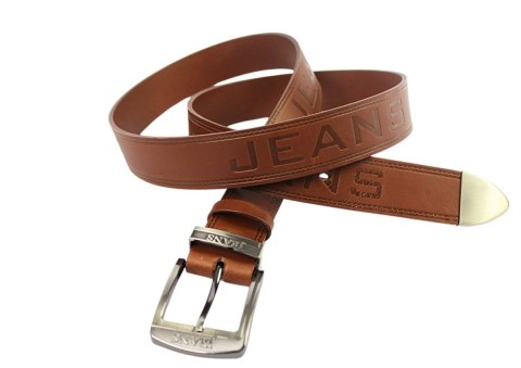 Pasek Skórzany Arucce (PL) Tłoczony Napis "JEANS" Z METALOWĄ KOŃCÓWKĄ Skóra Naturalana EXTRA 40 mm BRĄZOWY Pasek Skórzany Arucce (PL) Tłoczony Napis "JEANS" Z METALOWĄ KOŃCÓWKĄ Skóra Naturalana EXTRA 40 mm BRĄZOWY