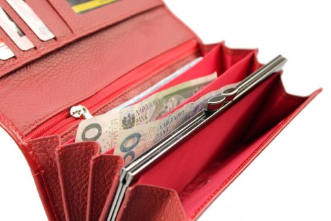 Portfel Damski PolskaGalanteria Z Wstawką Długi Max z Klamrą Skóra Naturalna CZERWONY WZÓR III KP D18-WST RFID Portfel Damski PolskaGalanteria Z Wstawką Długi Max z Klamrą Skóra Naturalna CZERWONY WZÓR III KP D18-WST RFID