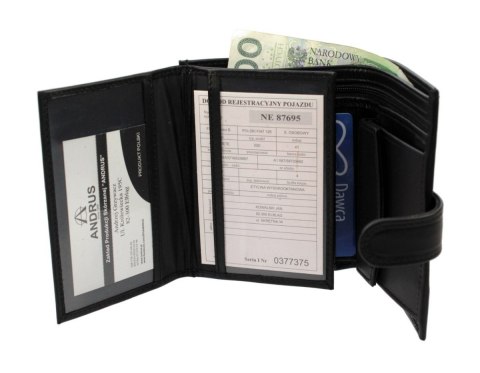 Portfel Męski ANDRUS (PL) Skóra Licowa Duży Pionowy Z Zapięciem Dwa Skrzydełka Poziomy Suwak RIFD 12,5 x 10 x 3  [cm]