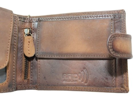 Portfel Męski Peterson Skóra Naturalna N992L Poziomy Z Zapinką Dwa Skrzydełka I Łańcuszek BRĄZOWY RFID 12 x 9,5 x 3 [cm] AUTO