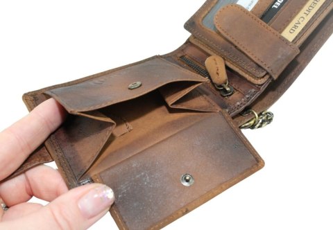 Portfel Męski Peterson Skóra Naturalna N992L Poziomy Z Zapinką Dwa Skrzydełka I Łańcuszek BRĄZOWY RFID 12 x 9,5 x 3 [cm] AUTO