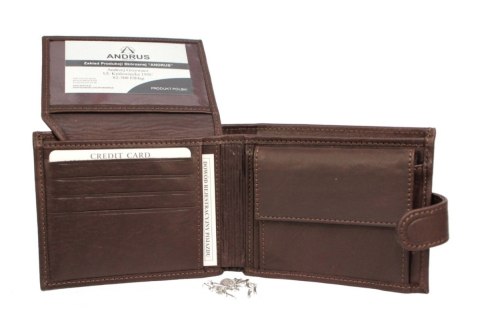 Portfel Męski Skórzany ANDRUS (PL) Skóra Licowa Duży Poziomy Z Zapięciem Jedno Skrzydełko Do Góry RFID 13 x 10 x 2,5 [cm]