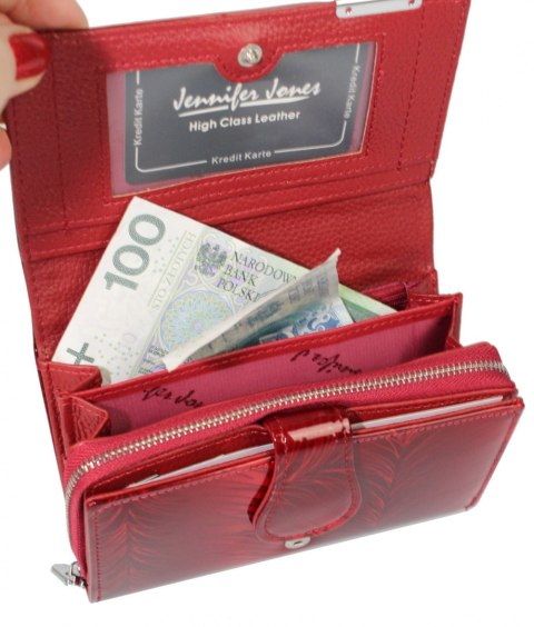 Portfel Damski Skórzany JENNIFER JONES Skóra Licowa Duży Z Suwakiem Czerwony Lakierowany Wzór 1 JJ5261-13 15,5 x 10 x 4 [cm]