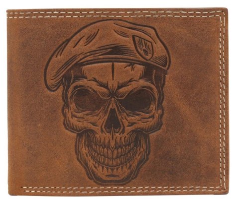 Portfel Męski Skórzany Peterson Skóra Naturalna Duży Poziomy Bez Zapięcia Dwa Skrzydełka N992 BRĄZOWY "CZASZKA" 13 x 10 x 2 [cm]