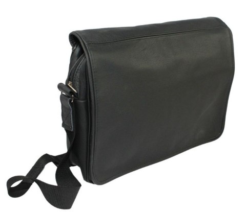 Skórzana Torba Na Ramię Pozioma GRETOS (PL) Listonoszka Z Klapką CZARNA 37 x 30 x 9 [cm]