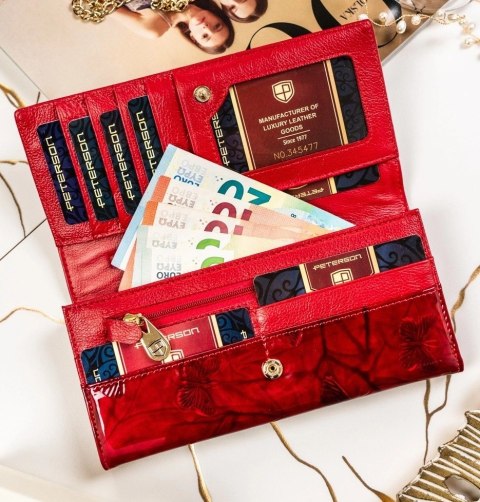 Portfel Damski Skórzany Peterson Długi Suwak Wewnątrz Skóra Naturalna Lakierowana PTN 72037 CZERWONY 18,5 x 9 x 3,5 [cm]