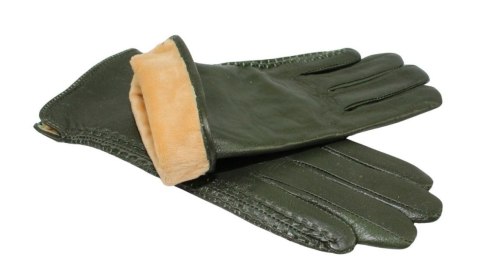 Skórzane Ocieplane Rękawiczki Damskie PolskaGalanteria.pl Ze Skóry Naturalnej CIEMNE OLIWKOWE Rozmiar 7 