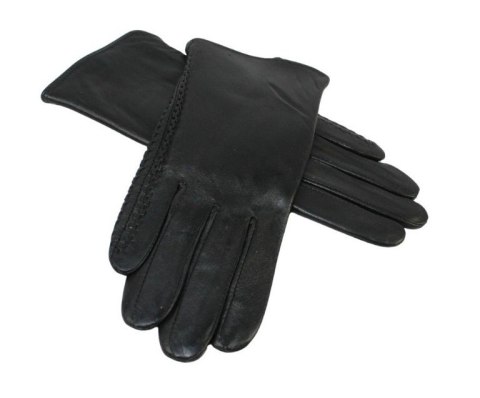 Skórzane Ocieplane Rękawiczki Damskie PolskaGalanteria.pl Ze Skóry Naturalnej Z Wzorkiem Podwójna Nitka CZARNE Rozmiar 7 1/2