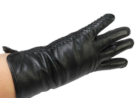 Skórzane Ocieplane Rękawiczki Damskie PolskaGalanteria.pl Ze Skóry Naturalnej Z Wzorkiem Podwójna Nitka CZARNE Rozmiar 7 1/2