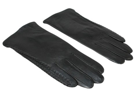Skórzane Ocieplane Rękawiczki Damskie PolskaGalanteria.pl Ze Skóry Naturalnej Z Wzorkiem Podwójna Nitka CZARNE Rozmiar 8 1/2