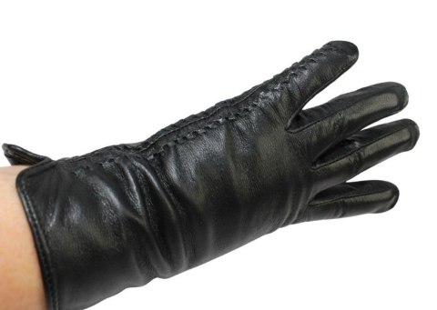 Skórzane Ocieplane Rękawiczki Damskie PolskaGalanteria.pl Ze Skóry Naturalnej Z Wzorkiem Podwójna Nitka CZARNE Rozmiar 8 1/2