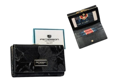 Portfel Damski Skórzany Peterson Klamra I Klapka Skóra Naturalna RFID PTN PS-108 CZARNY 14 x 9 x 3 [cm]
