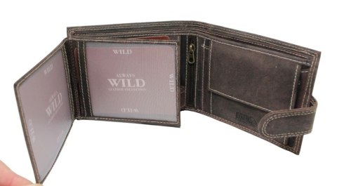 Portfel Męski Skórzany WILD Skóra Licowa Duży Poziomy Z Zapięciem RFID CZEKOLADOWY Zamszowy 9014 12,5 x 10 x 2  [cm]